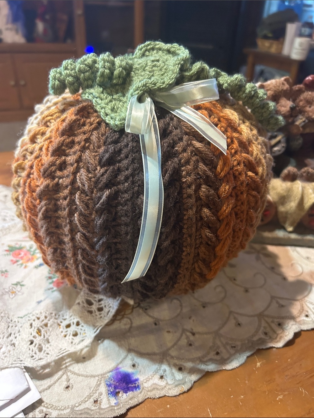 Handmade Crochet Autumn Pumpkin Decor in Brown, Tan & Green